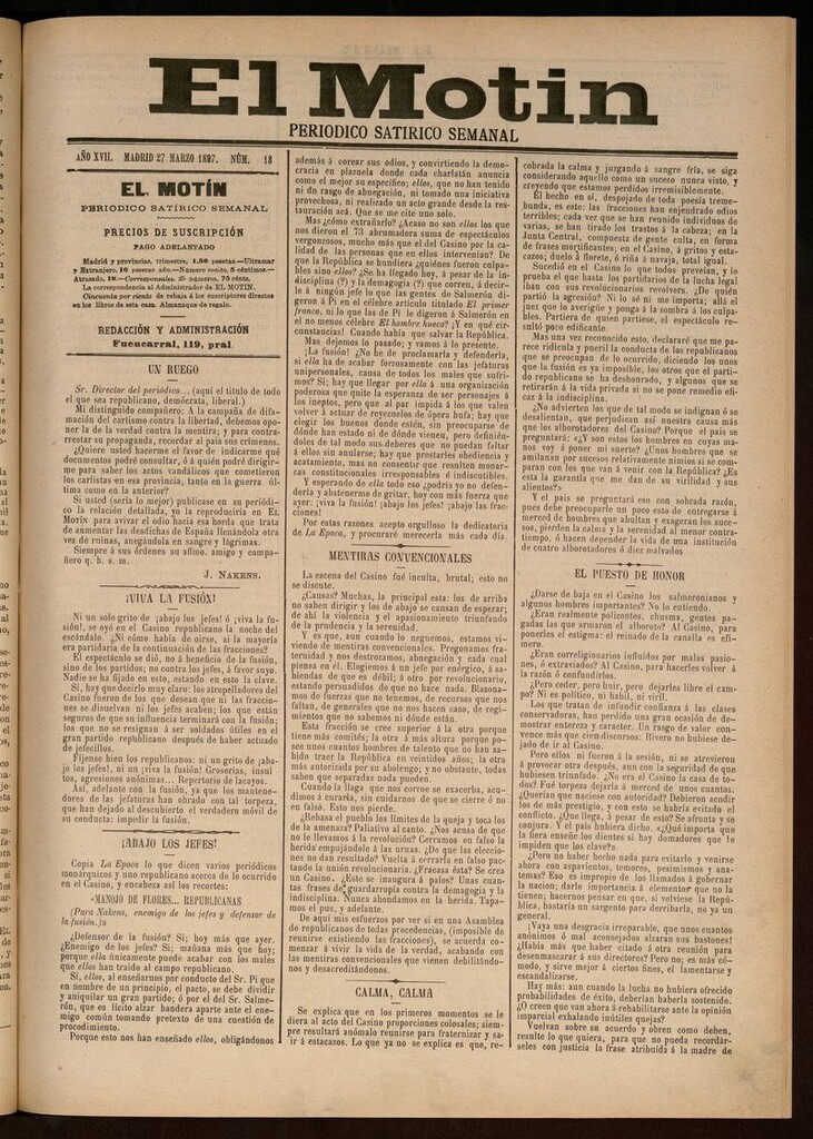 Miniatura de El Motín: periódico satírico semanal del 27 de Marzo de 1897