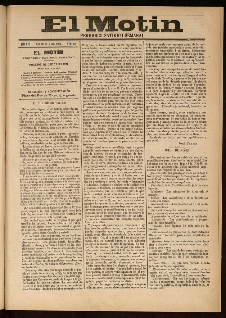 Miniatura de El Motín: periódico satírico semanal 28 de Mayo de 1898