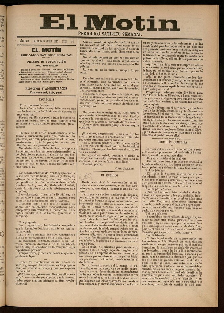 Miniatura de El Motín: periódico satírico semanal del 10 de Abril de 1897