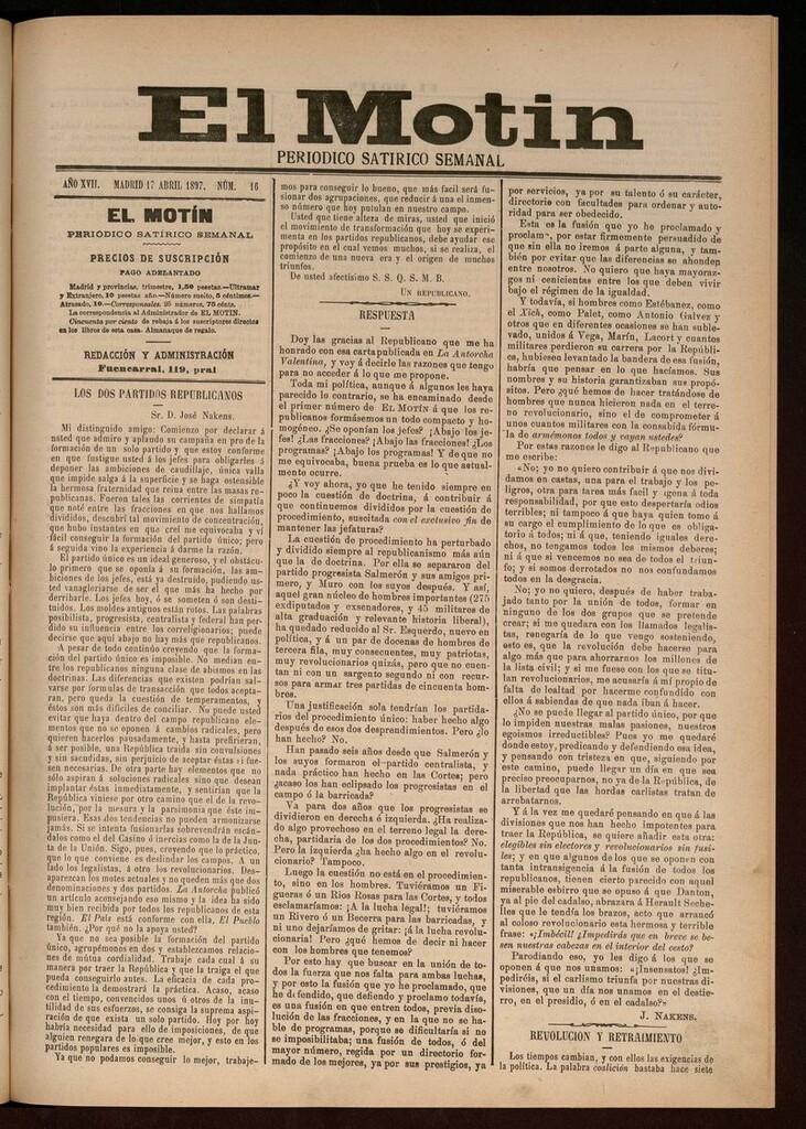 Miniatura de El Motín: periódico satírico semanal del 17 de Abril de 1897