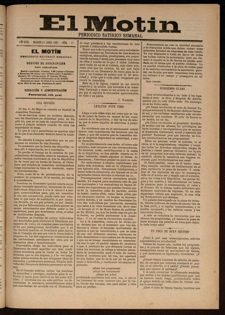 Miniatura de El Motín: periódico satírico semanal del 24 de Abril de 1897