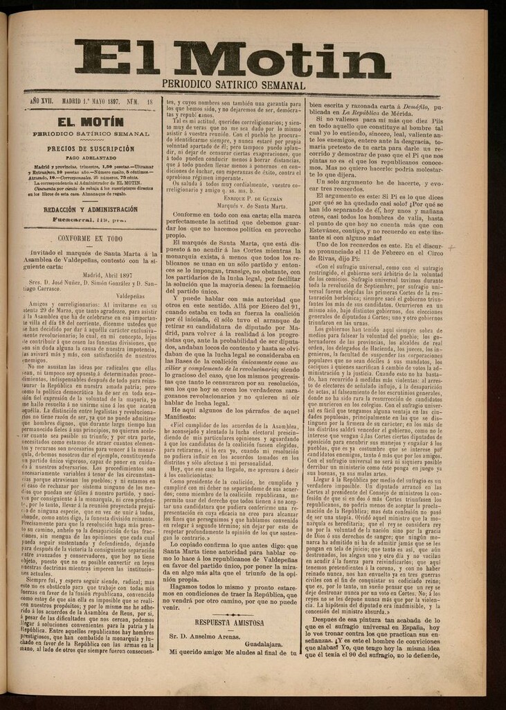 Miniatura de El Motín: periódico satírico semanal del 1 de Mayo de 1897