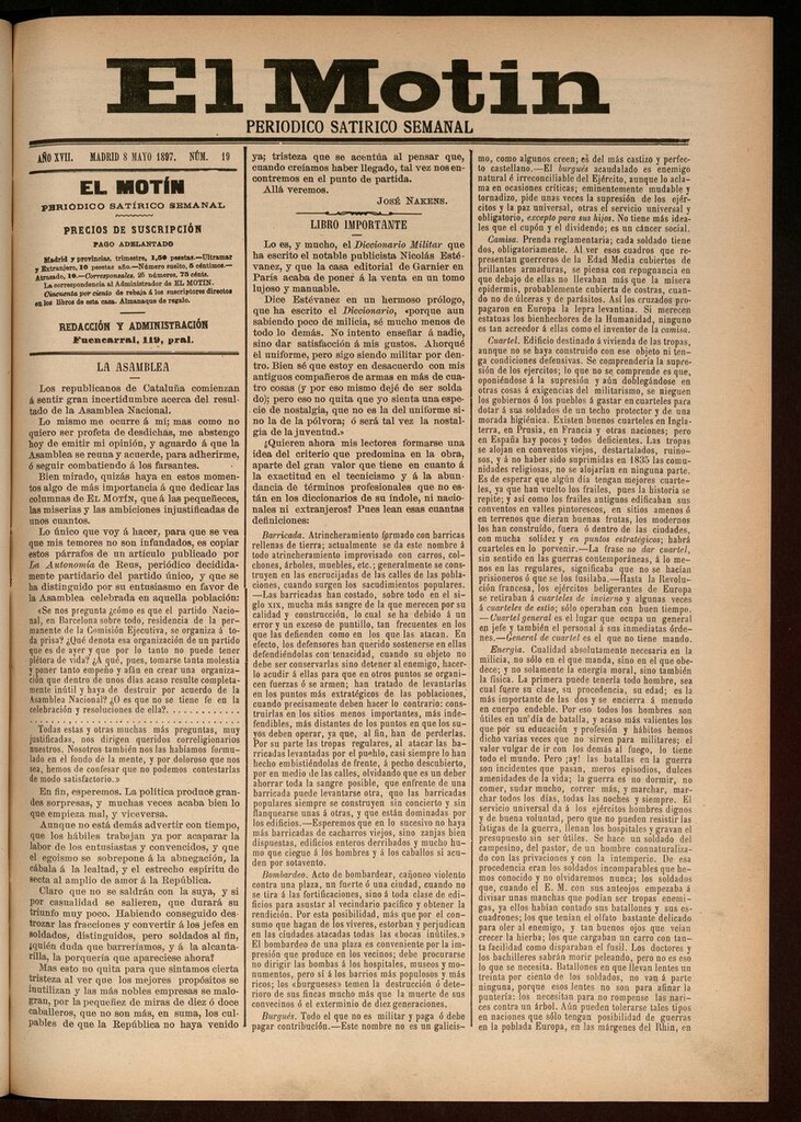 Miniatura de El Motín: periódico satírico semanal del 8 de Mayo de 1897