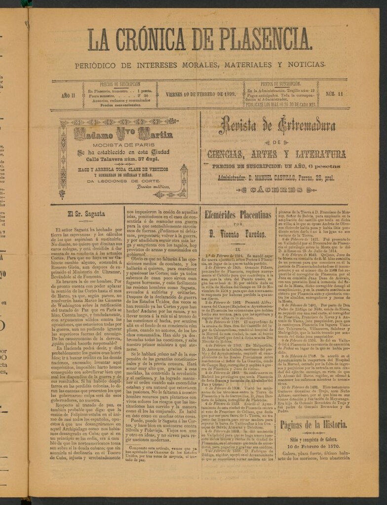 Miniatura de La Crónica de Plasencia : periódico de intereses morales, materiales y noticias del 10 de febrero de 1899