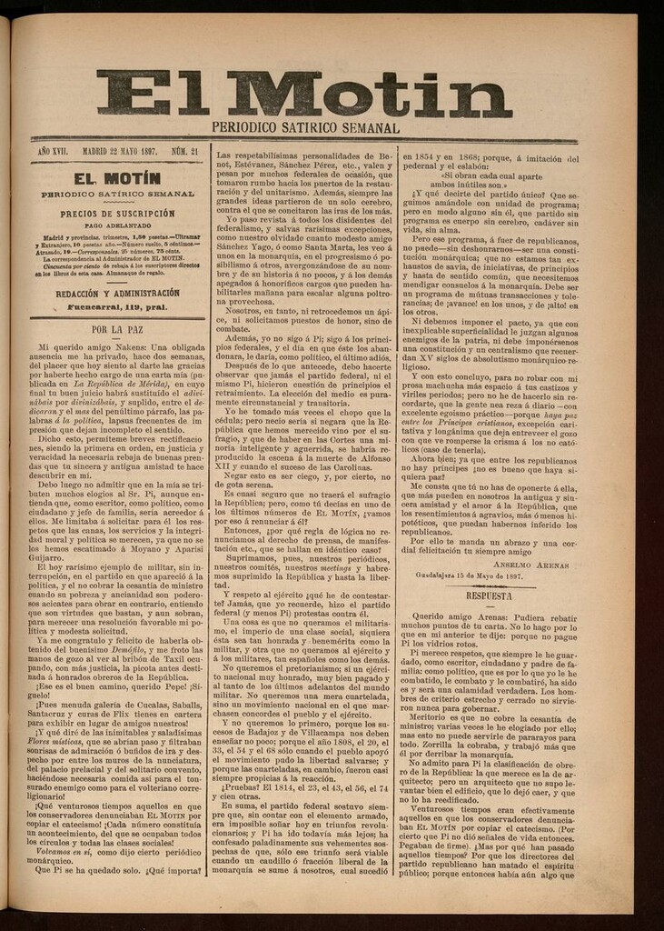 Miniatura de El Motín: periódico satírico semanal del 22 de Mayo de 1897