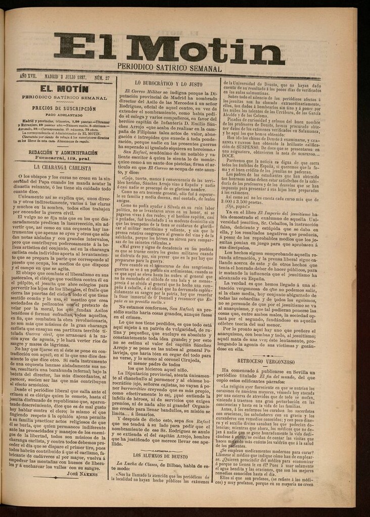 Miniatura de El Motín: periódico satírico semanal del 3 de Julio de 1897