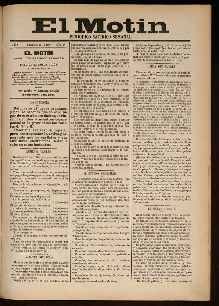 Miniatura de El Motín: periódico satírico semanal del 10 de Julio de 1897