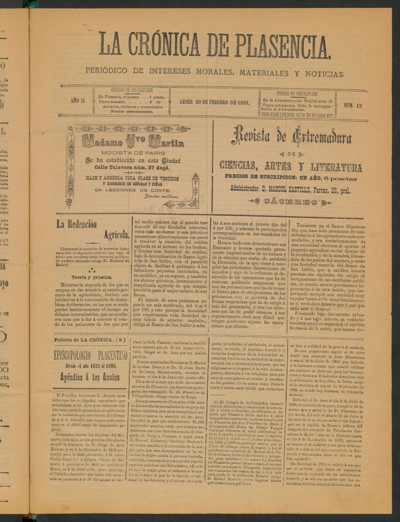 Miniatura de La Crónica de Plasencia : periódico de intereses morales, materiales y noticias del 20 de febrero de 1899