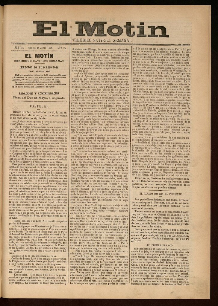 Miniatura de El Motín: periódico satírico semanal 18 de Junio de 1898