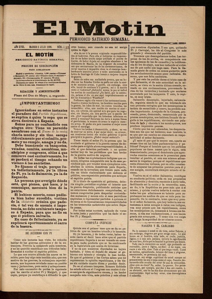Miniatura de El Motín: periódico satírico semanal 2 de Julio de 1898