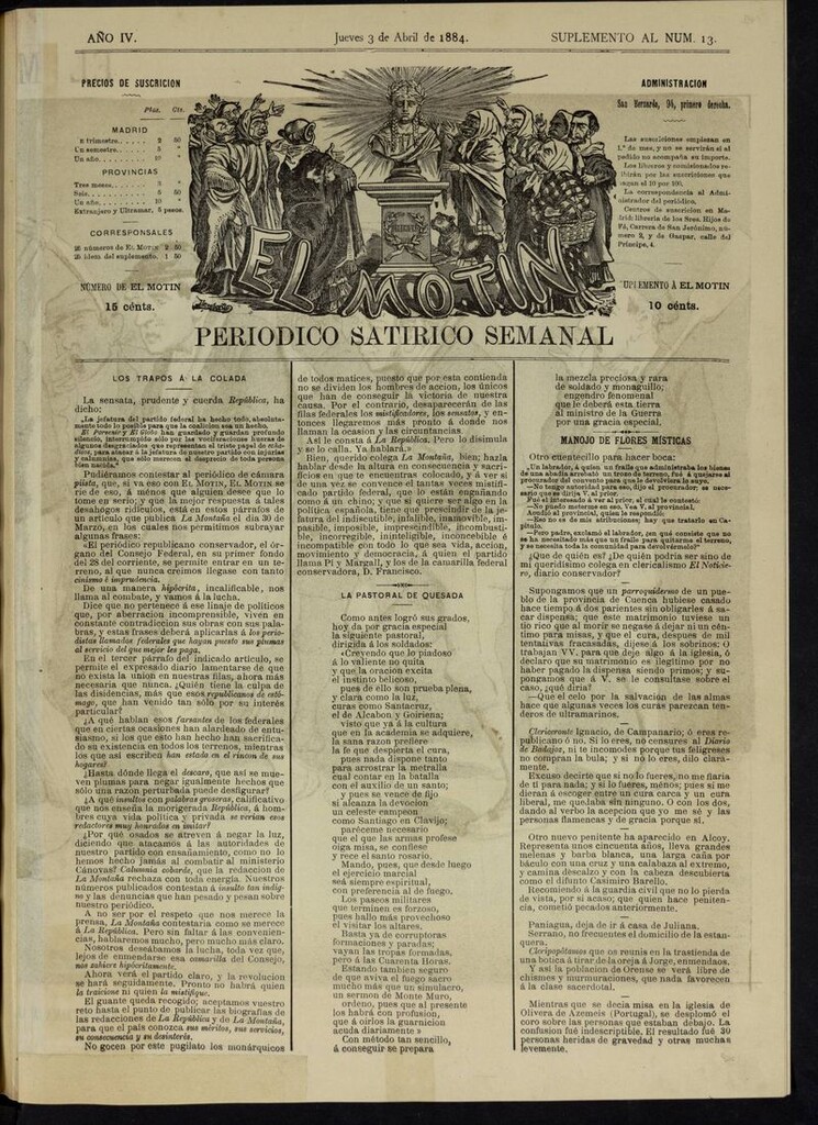 Miniatura de El Motín: periódico satírico semanal del jueves 3 de abril de 1884