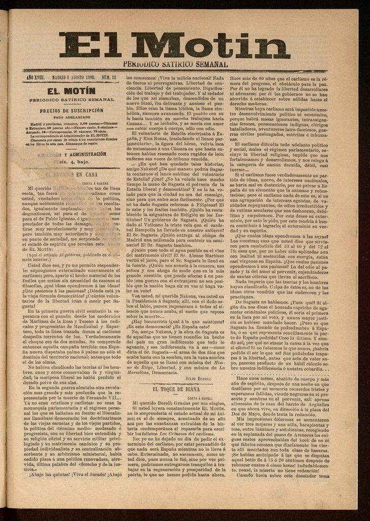 Miniatura de El Motín: periódico satírico semanal 6 de Agosto de 1898