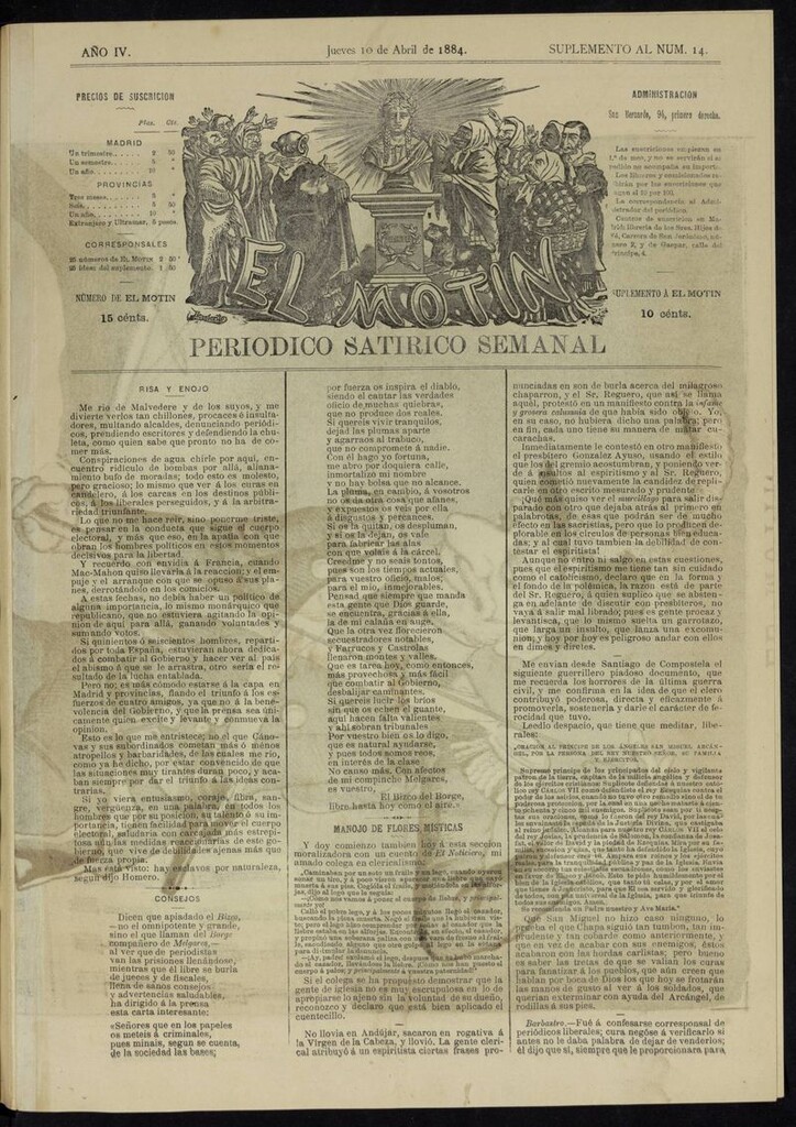 Miniatura de El Motín: periódico satírico semanal del jueves 10 de abril de 1884