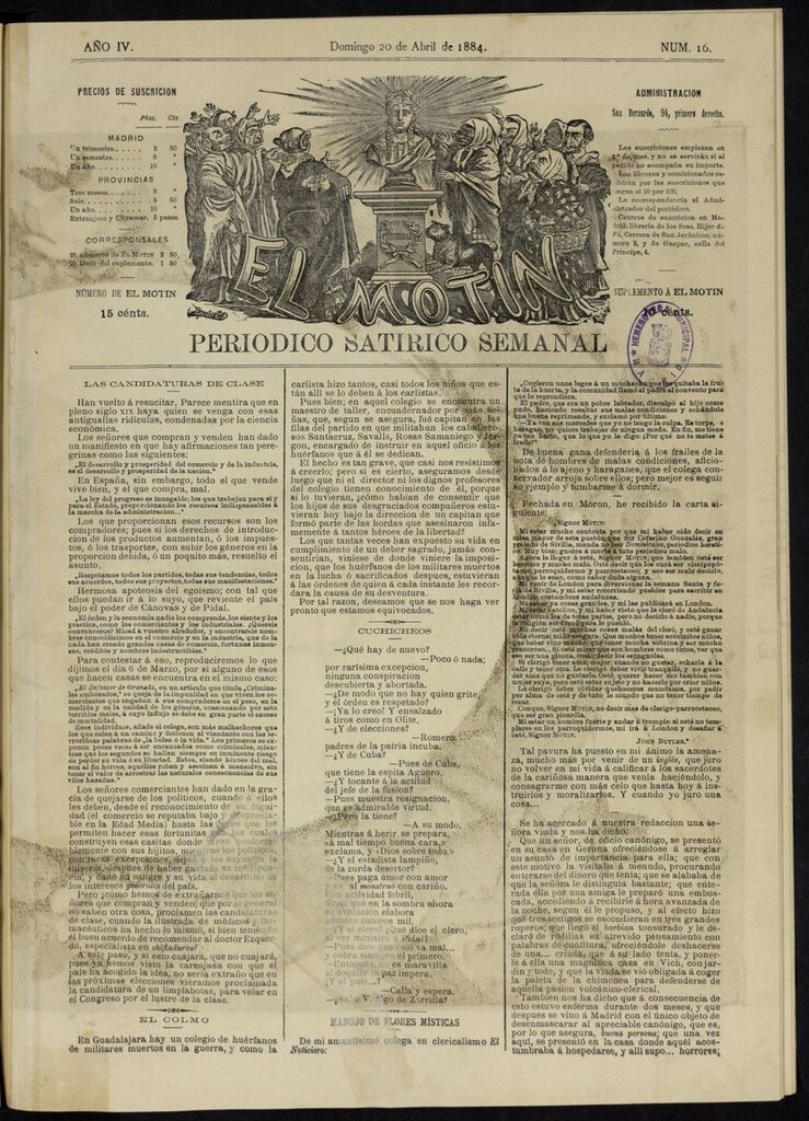 Miniatura de El Motín: periódico satírico semanal del domingo 20 de abril de 1884