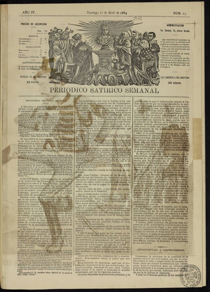 Miniatura de El Motín: periódico satírico semanal del domingo 27 de abril de 1884