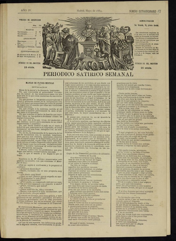 Miniatura de El Motín: periódico satírico semanal. Madrid, Mayo 1884. NUMERO EXTRAORDINARIO