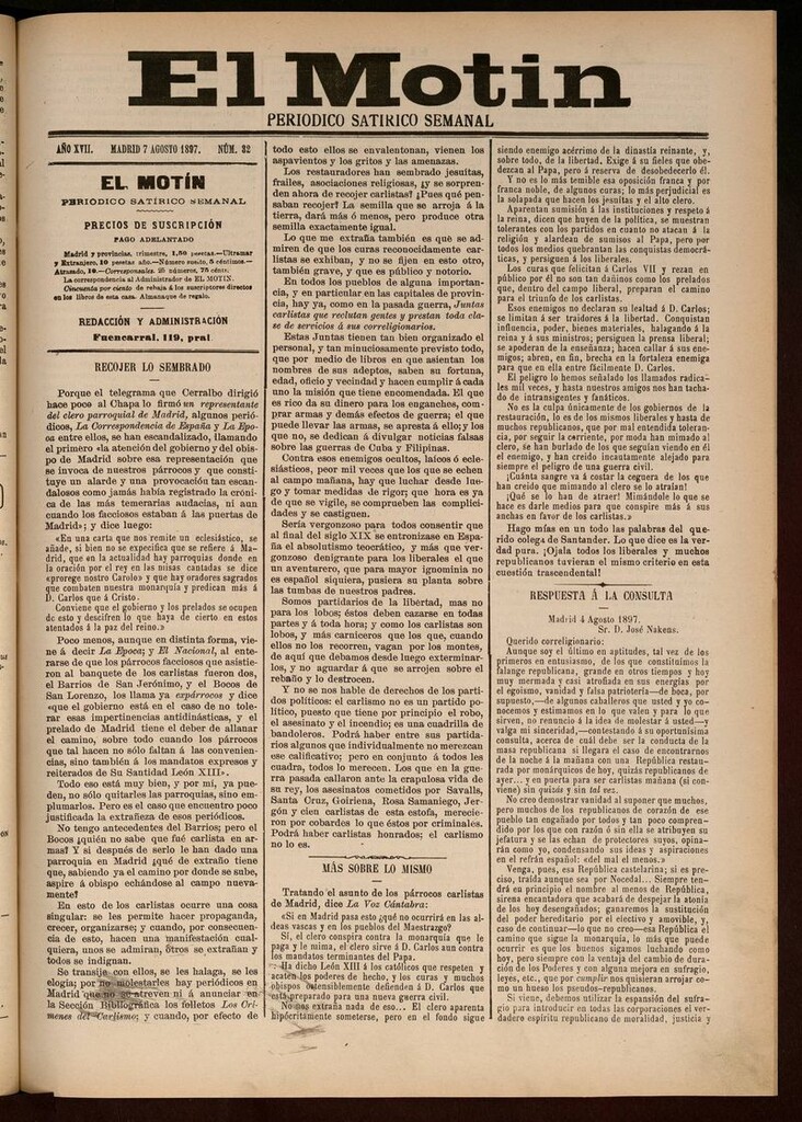 Miniatura de El Motín: periódico satírico semanal del 14 de Agosto de 1897