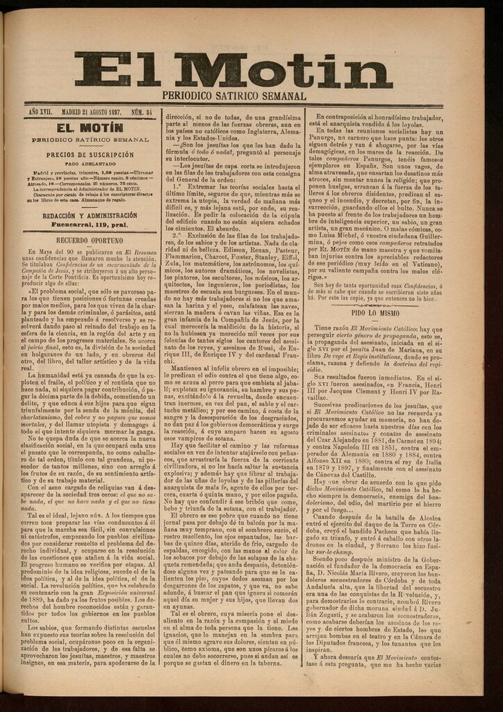 Miniatura de El Motín: periódico satírico semanal del 21 de Agosto de 1897