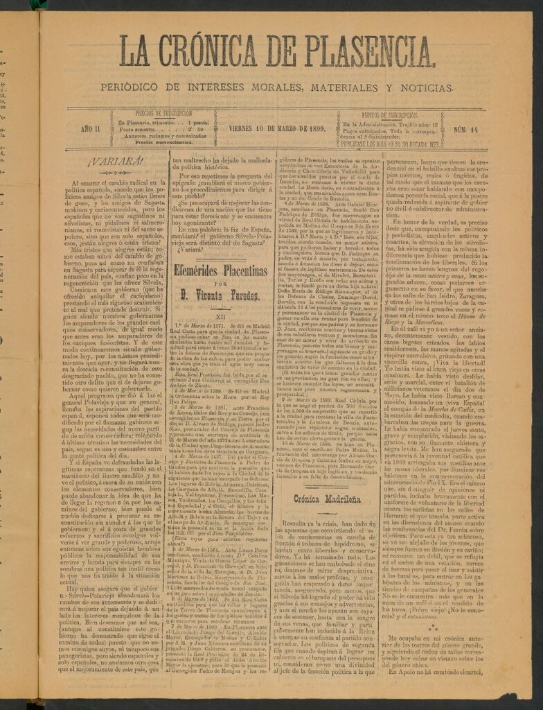 Miniatura de La Crónica de Plasencia : periódico de intereses morales, materiales y noticias del 10 de marzo de 1899