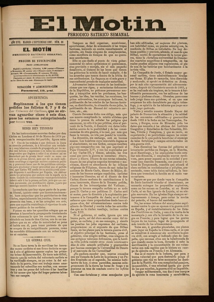 Miniatura de El Motín: periódico satírico semanal del 4 de Septiembre de 1897