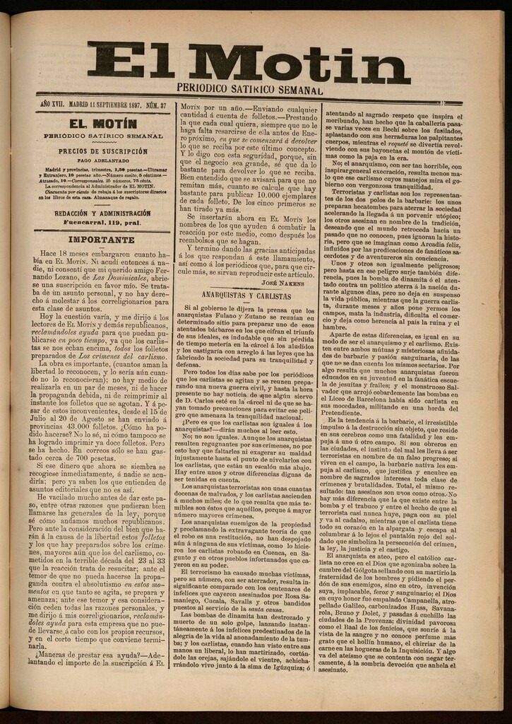 Miniatura de El Motín: periódico satírico semanal del 11 de Septiembre de 1897