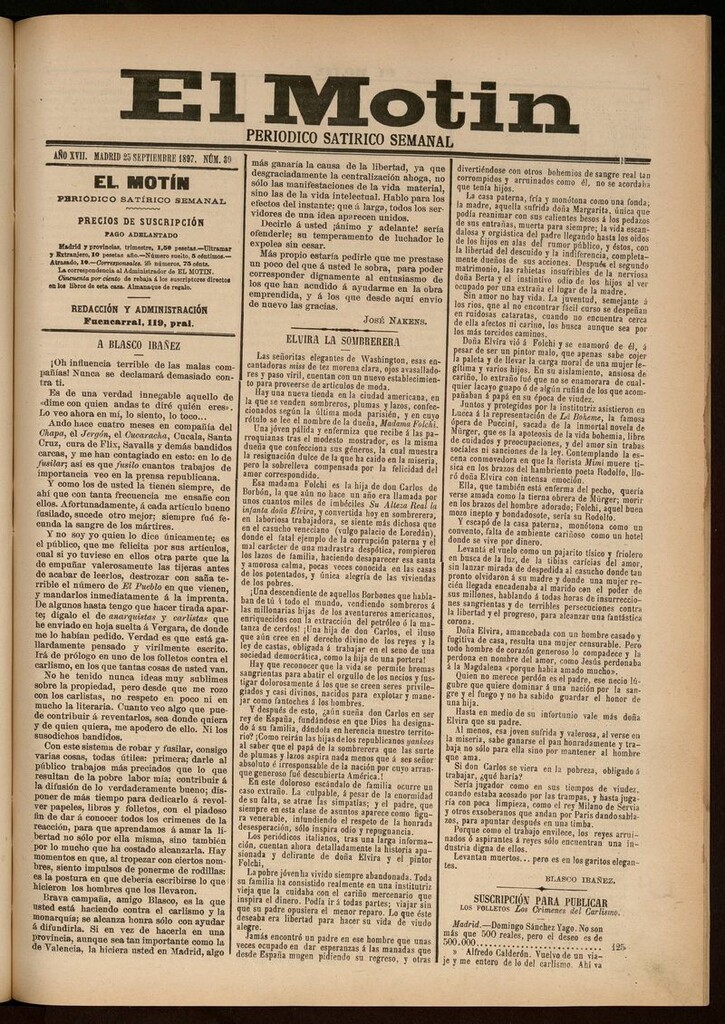 Miniatura de El Motín: periódico satírico semanal del 25 de Septiembre de 1897