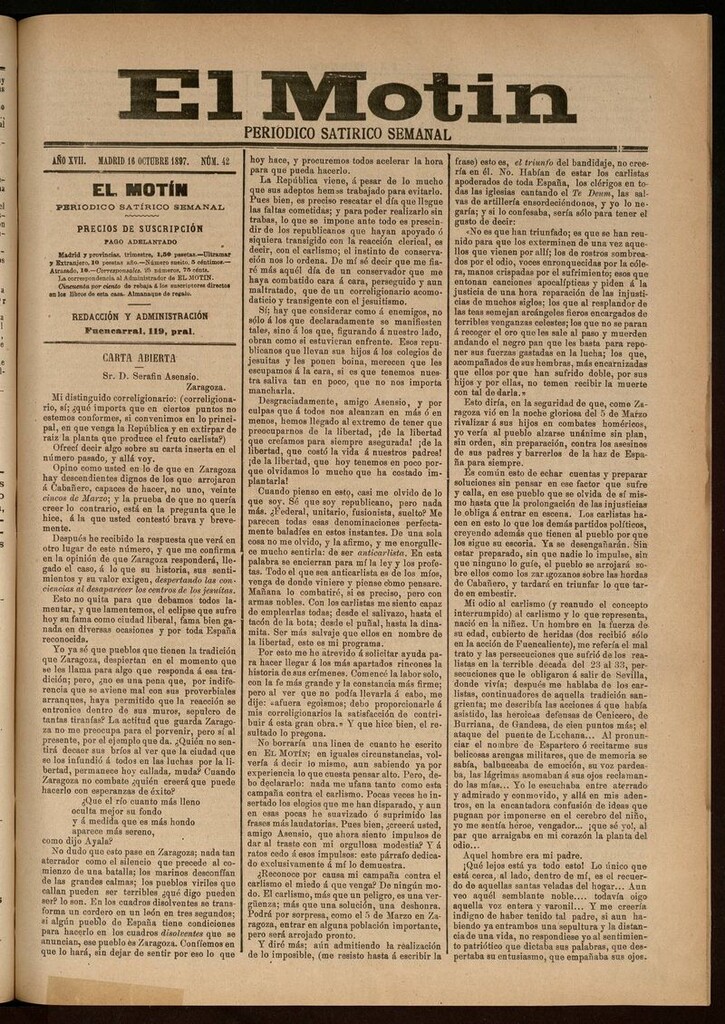 Miniatura de El Motín: periódico satírico semanal del 16 de Octubre de 1897