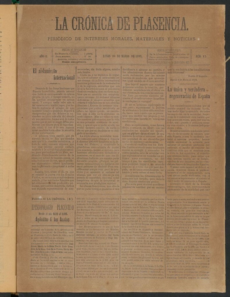 Miniatura de La Crónica de Plasencia : periódico de intereses morales, materiales y noticias del 20 de marzo de 1899