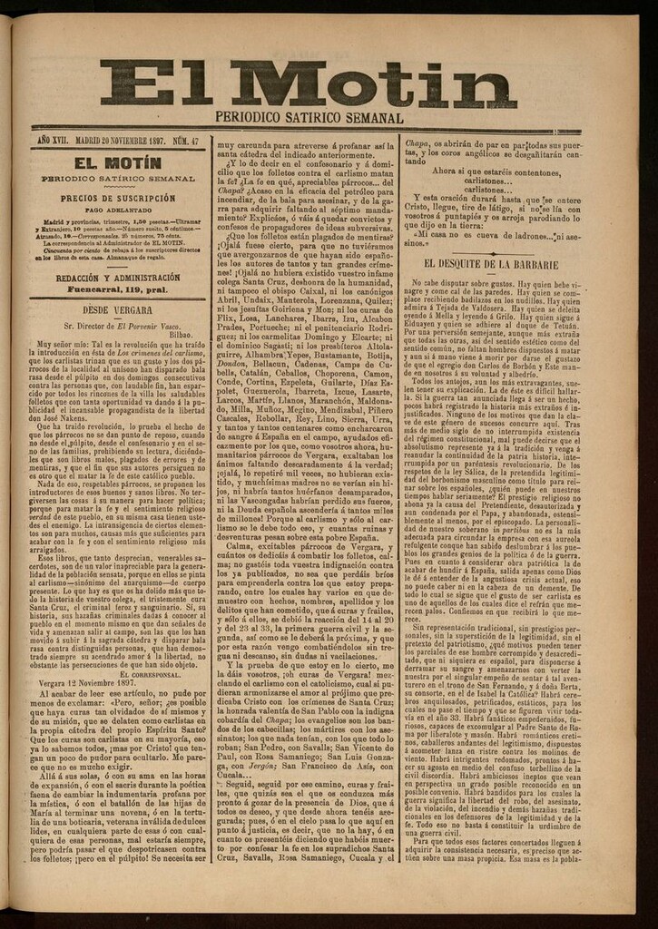 Miniatura de El Motín: periódico satírico semanal del 20 de Noviembre de 1897