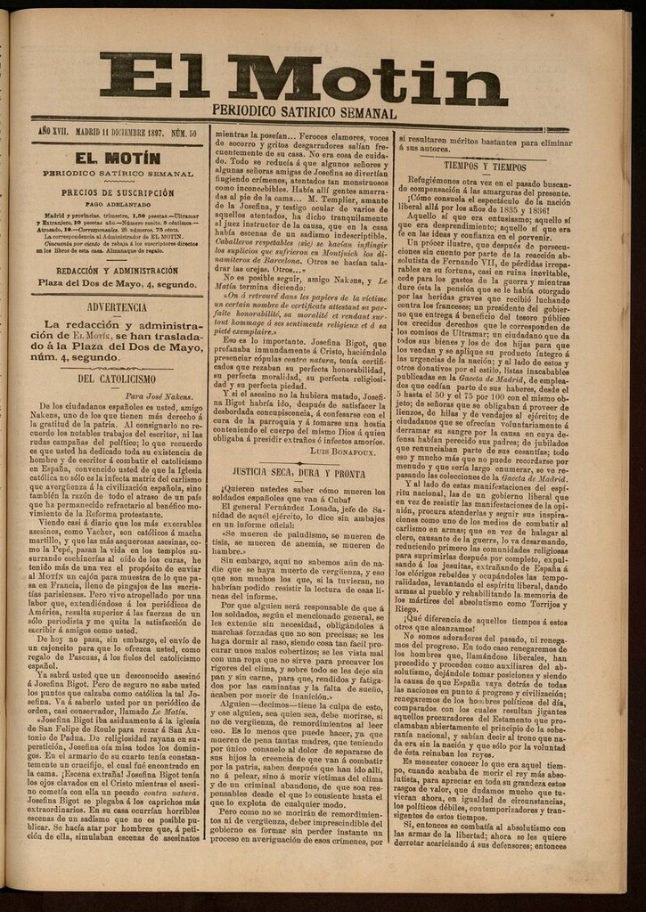 Miniatura de El Motín: periódico satírico semanal del 11 de Diciembre de 1897