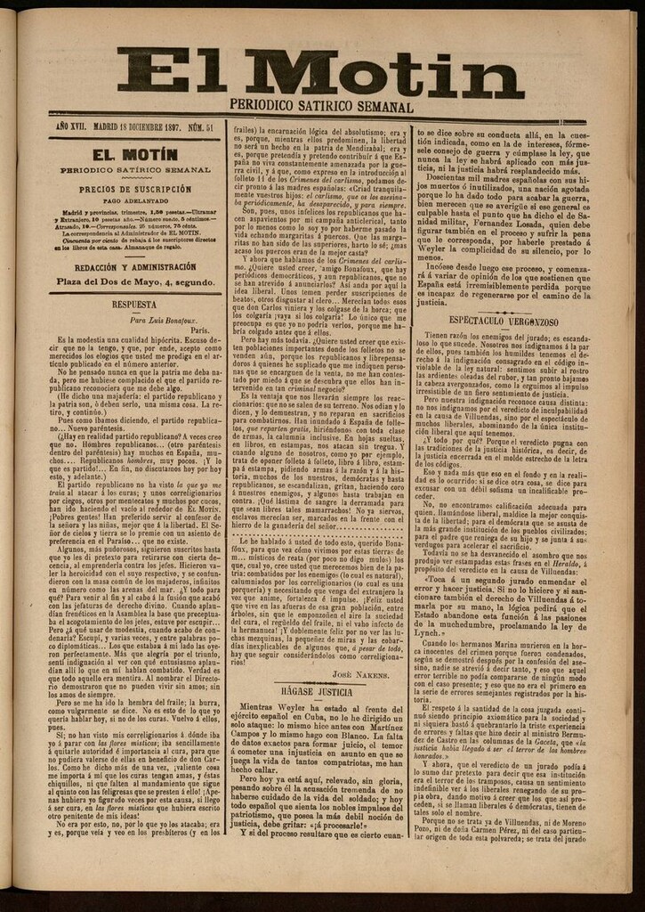 Miniatura de El Motín: periódico satírico semanal del 18 de Diciembre de 1897