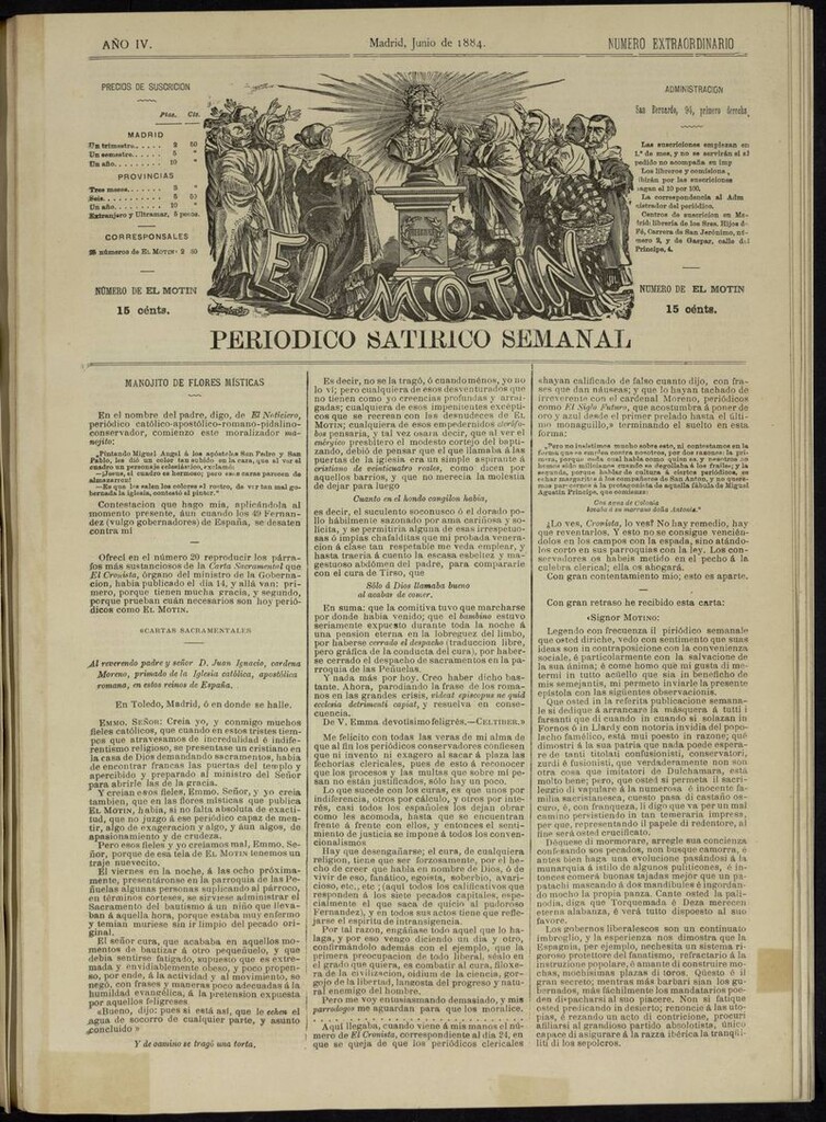 Miniatura de El Motín: periódico satírico semanal. Madrid, Junio 1884. NUMERO EXTRAORDINARIO