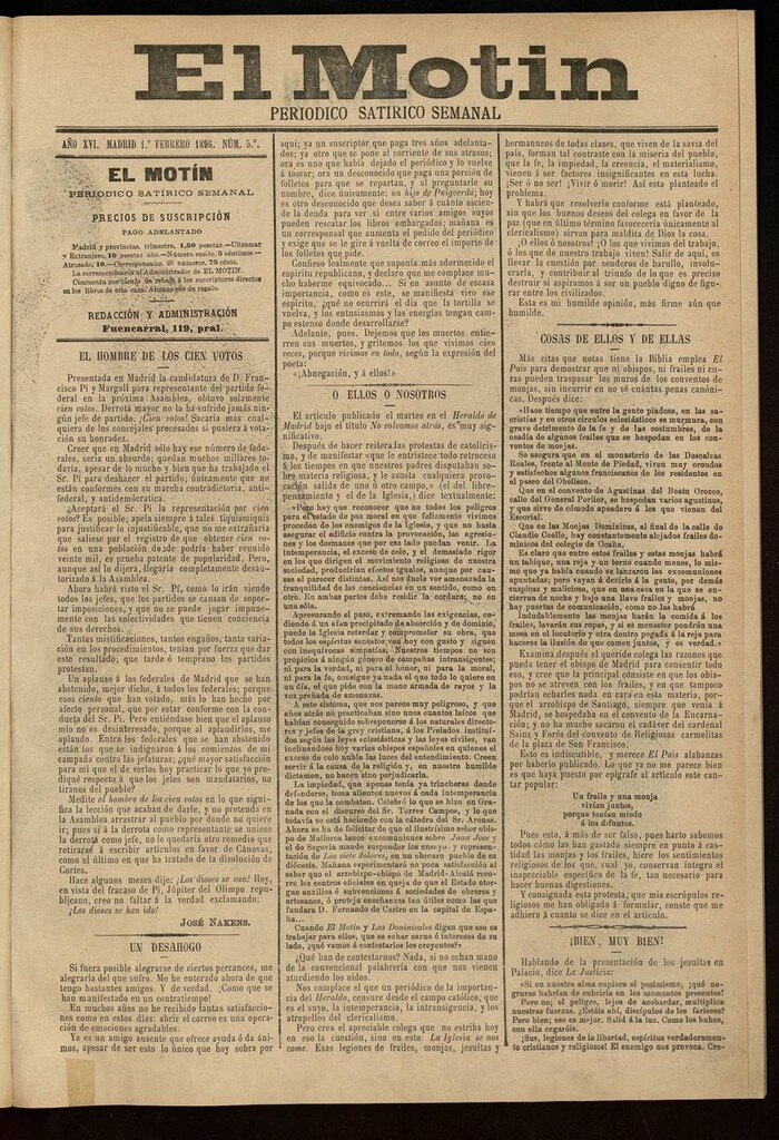 Miniatura de El Motín: periódico satírico semanal 1 de Febrero de 1896