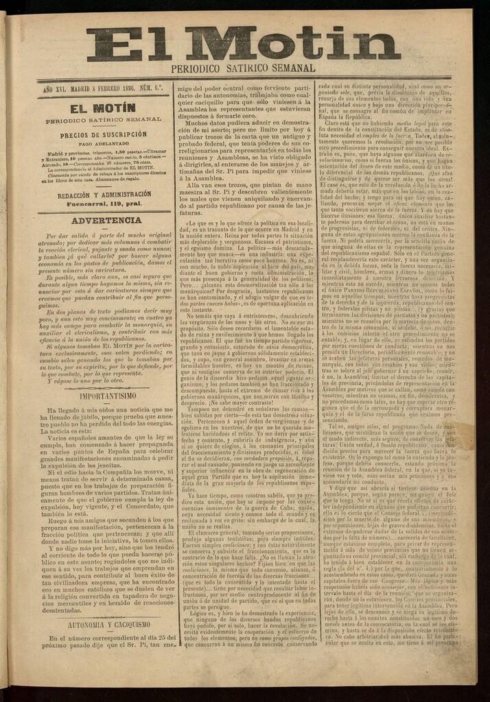 Miniatura de El Motín: periódico satírico semanal 8 de Febrero de 1896