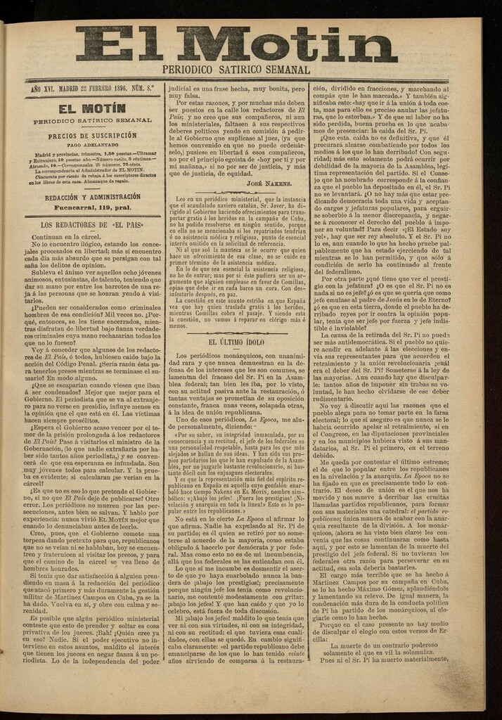 Miniatura de El Motín: periódico satírico semanal 22 de Febrero de 1896