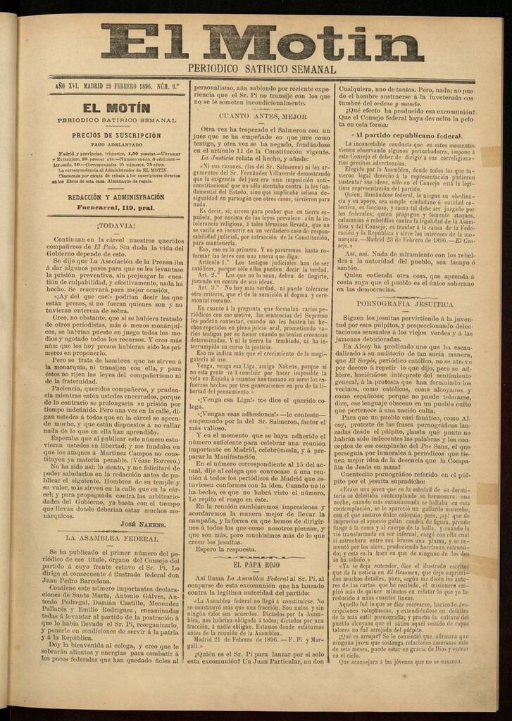 Miniatura de El Motín: periódico satírico semanal 29 de Febrero de 1896