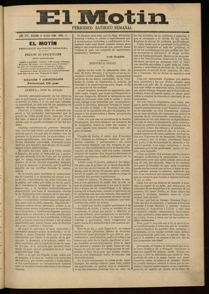 Miniatura de El Motín: periódico satírico semanal 21 de Marzo de 1896