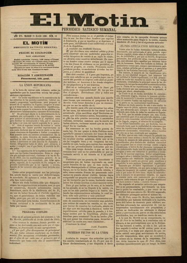 Miniatura de El Motín: periódico satírico semanal 28 de Marzo de 1896