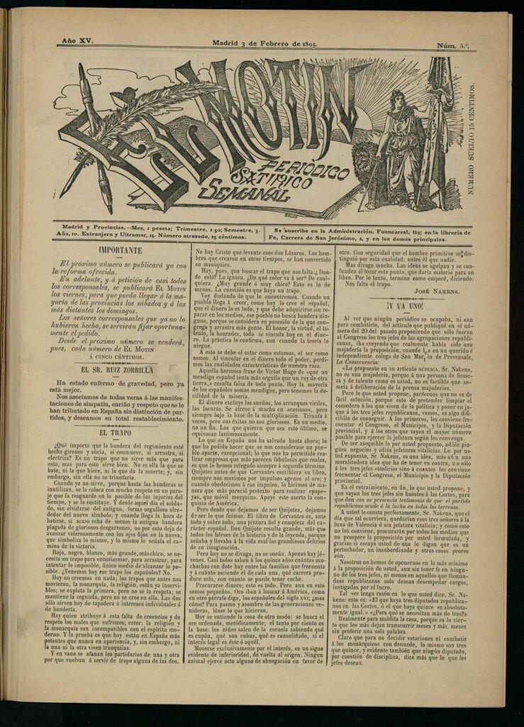 Miniatura de El Motín: periódico satírico semanal del 3 de febrero de 1895