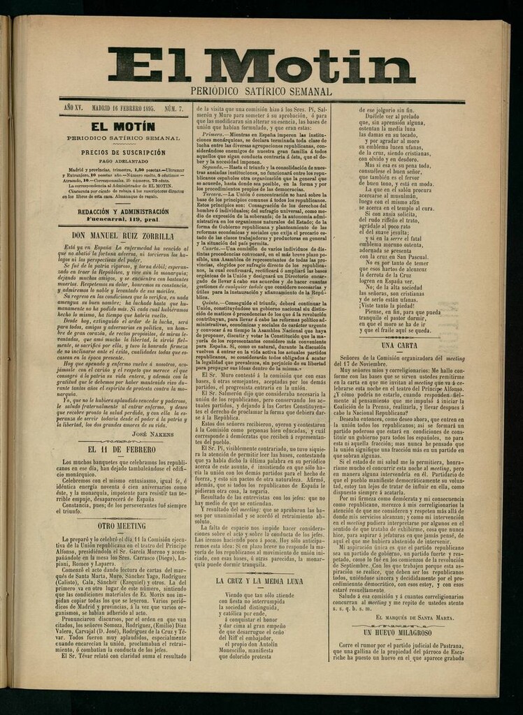 Miniatura de El Motín: periódico satírico semanal del 16 de febrero de 1895