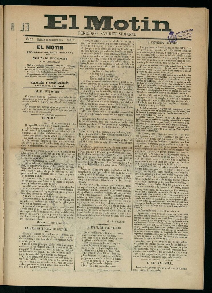 Miniatura de El Motín: periódico satírico semanal del 23 de febrero de 1895