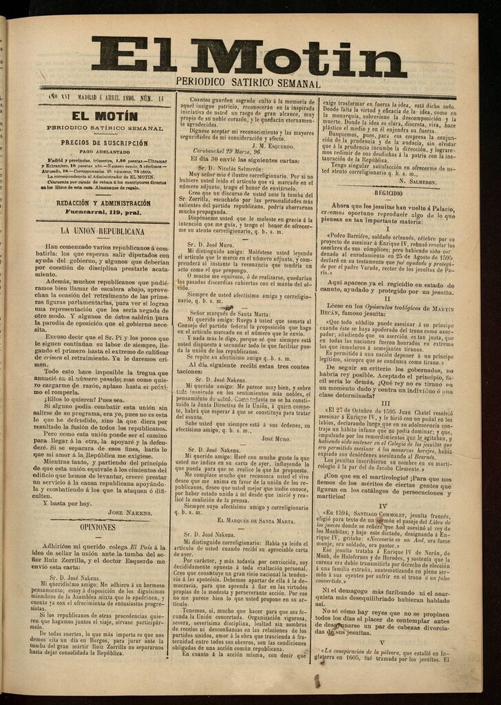 Miniatura de El Motín: periódico satírico semanal 4 de Abril de 1896