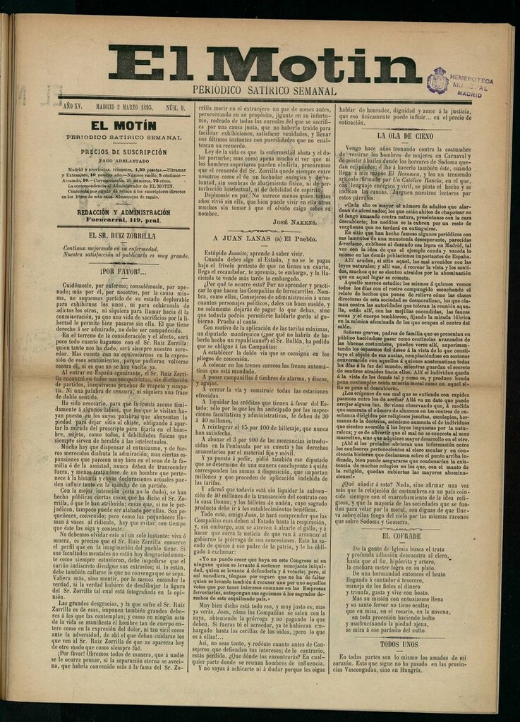 Miniatura de El Motín: periódico satírico semanal del 2 de marzo de 1895