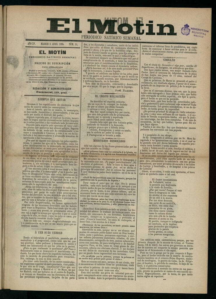 Miniatura de El Motín: periódico satírico semanal del 6 de abril de 1895