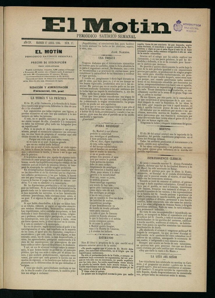 Miniatura de El Motín: periódico satírico semanal del 27 de abril de 1895