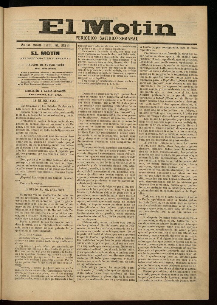 Miniatura de El Motín: periódico satírico semanal 11 de Abril de 1896