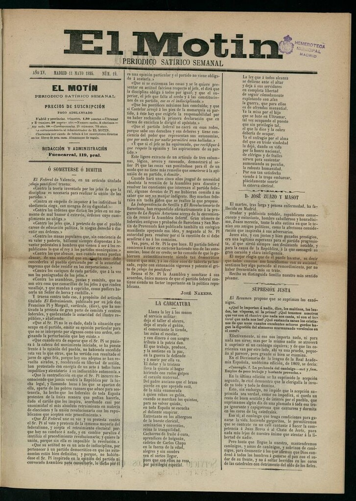 Miniatura de El Motín: periódico satírico semanal del 11 de mayo de 1895