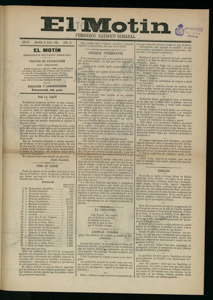 Miniatura de El Motín: periódico satírico semanal del 21 de mayo de 1895