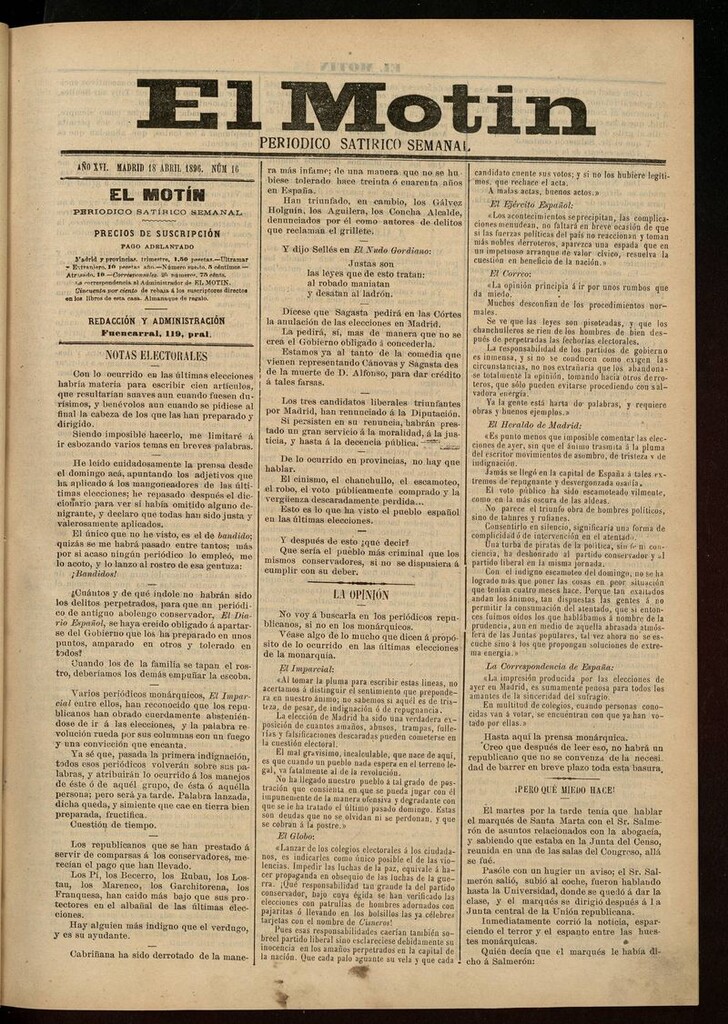 Miniatura de El Motín: periódico satírico semanal 18 de Abril de 1896