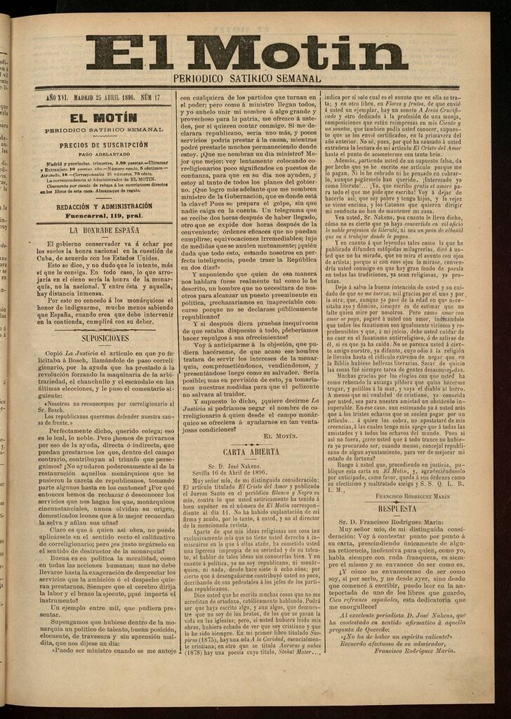 Miniatura de El Motín: periódico satírico semanal 25 de Abril de 1896